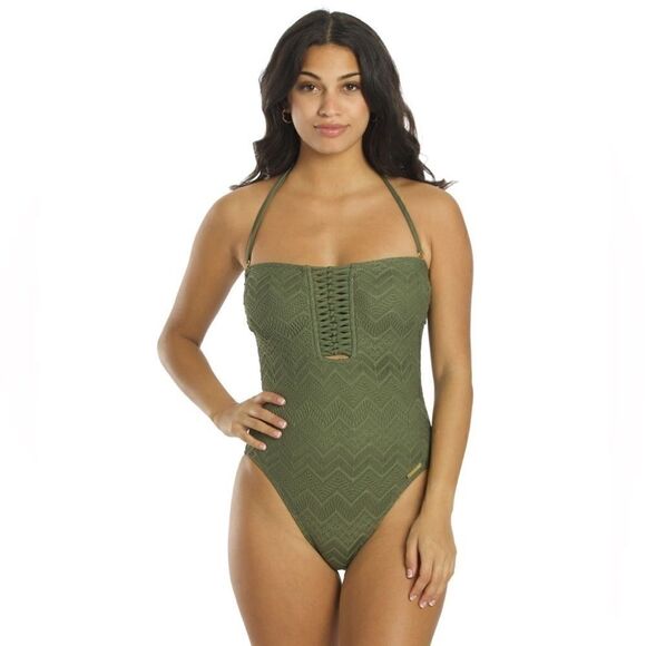 VINCE CAMUTO Crochet Bandeau One-Piece Swimsuit safari green New 8 - Picture 3 of 16